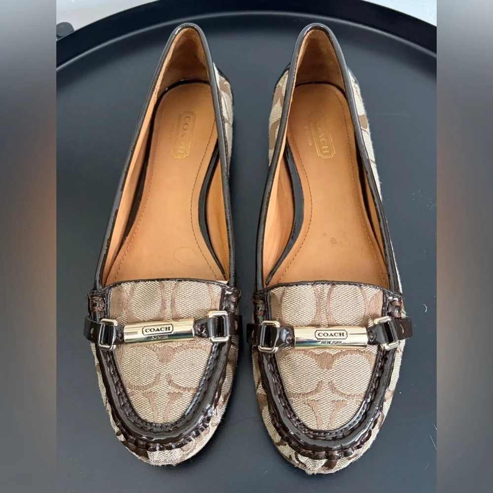 Coach Beige Signature Jacquard Loafers with Brown Patent Trim